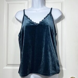 Rock & Roll Cowgirl Medium Y2K Western Boho Teal Velvet Lace Camisole Tank Top